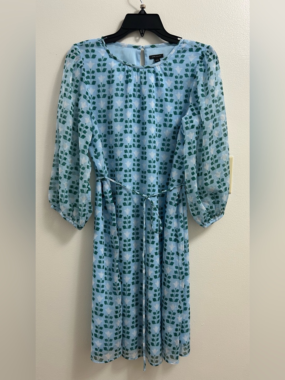 Ann Taylor Sky Blue 3/4 Dress with Green Leaf Print (size -4)
